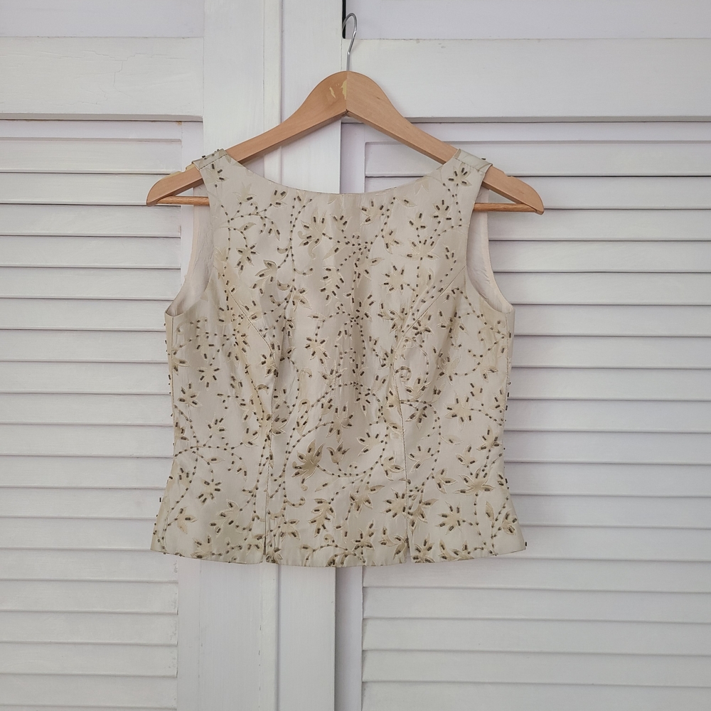 JS Collections Cream Eyelet Sequined Embroidered Sleeveless Top